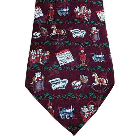 Tango Silk Vintage Toys Christmas Neck Tie Maroon Holly Holiday Party Max Raab - Picture 2 of 8